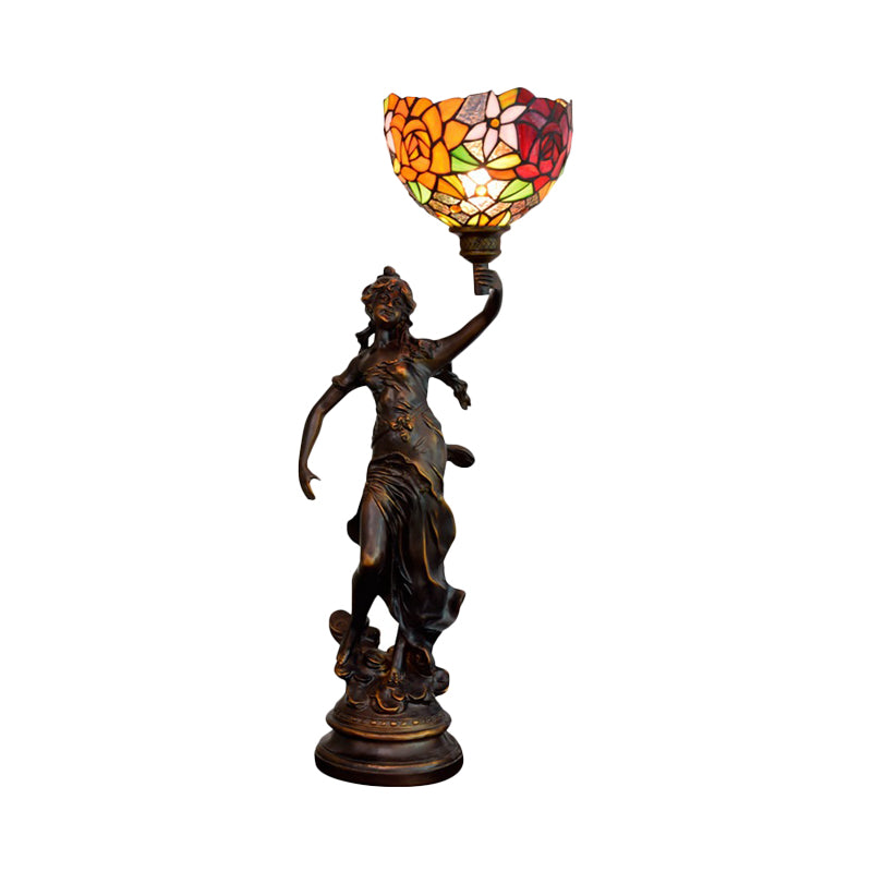 Angel Statue Night Stand Light Single White-Green/Orange/Green Floral Glass Tiffany Table Lighting in Bronze Clearhalo 'Lamps' 'Table Lamps' Lighting' 889769