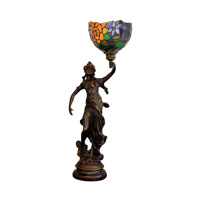 Angel Statue Night Stand Light Single White-Green/Orange/Green Floral Glass Tiffany Table Lighting in Bronze Clearhalo 'Lamps' 'Table Lamps' Lighting' 889770