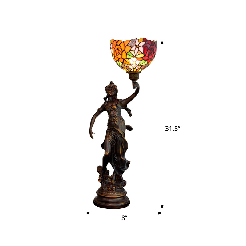 Angel Statue Night Stand Light Single White-Green/Orange/Green Floral Glass Tiffany Table Lighting in Bronze Clearhalo 'Lamps' 'Table Lamps' Lighting' 889771