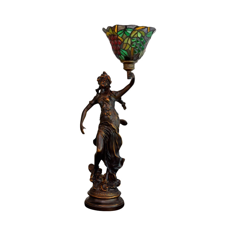 Angel Statue Night Stand Light Single White-Green/Orange/Green Floral Glass Tiffany Table Lighting in Bronze Clearhalo 'Lamps' 'Table Lamps' Lighting' 889775