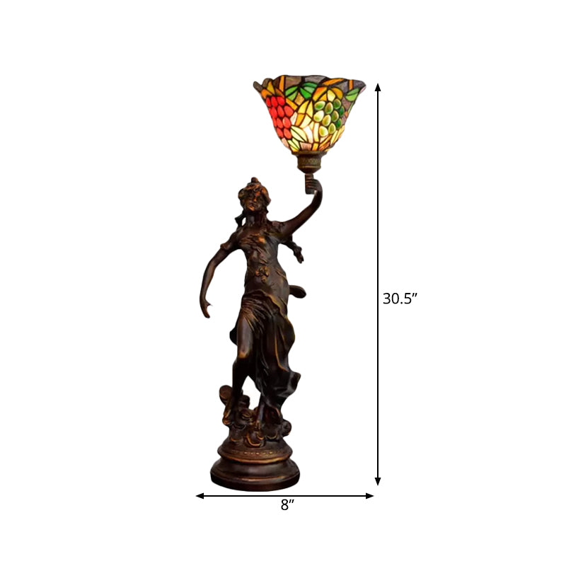 Angel Statue Night Stand Light Single White-Green/Orange/Green Floral Glass Tiffany Table Lighting in Bronze Clearhalo 'Lamps' 'Table Lamps' Lighting' 889776
