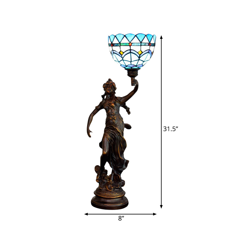 Tiffany-Style Angel Girl Table Lamp Single-Bulb Blue and White/Beige Cut Glass Nightstand Light for Bedroom Clearhalo 'Lamps' 'Table Lamps' Lighting' 889788