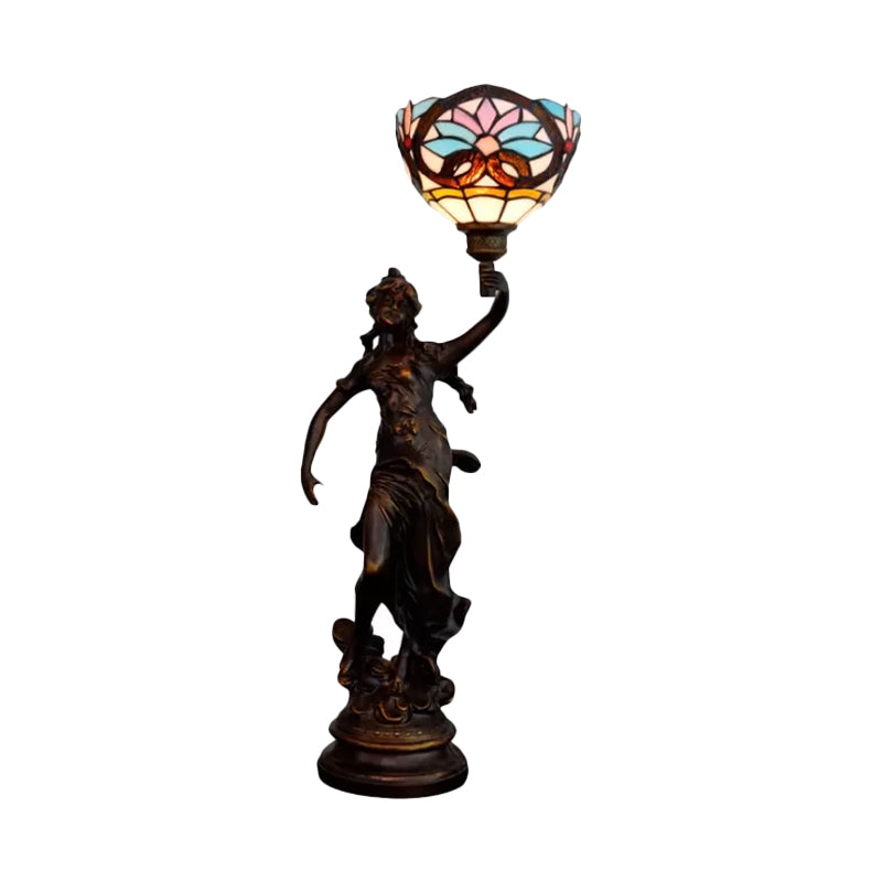 Bronze Women Sculpture Night Lamp Victorian Style 1 Head Resin Table Light with Blue-White/Blue Tiffany Glass Shade Clearhalo 'Lamps' 'Table Lamps' Lighting' 889800