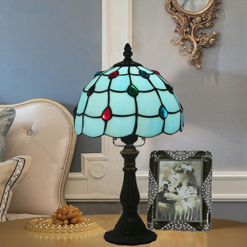 Blue Glass Lattice Bowl Table Lighting Mediterranean 1 Head Bronze Gem Patterned Desk Lighting for Bedroom Clearhalo 'Lamps' 'Table Lamps' Lighting' 889811