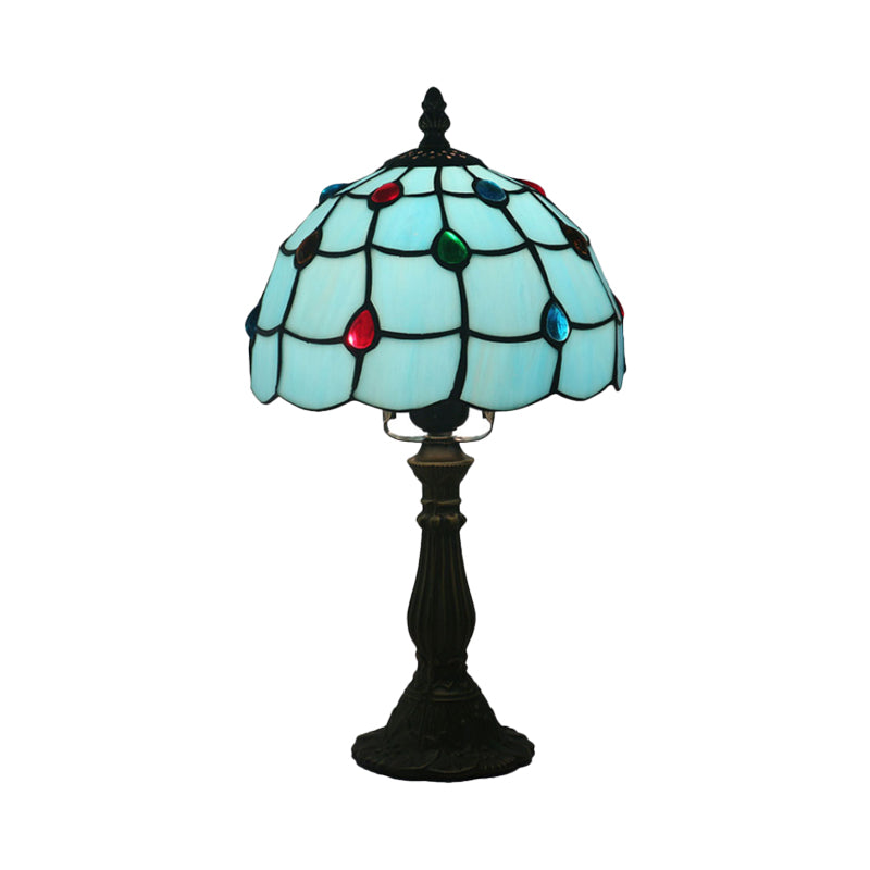 Blue Glass Lattice Bowl Table Lighting Mediterranean 1 Head Bronze Gem Patterned Desk Lighting for Bedroom Clearhalo 'Lamps' 'Table Lamps' Lighting' 889812