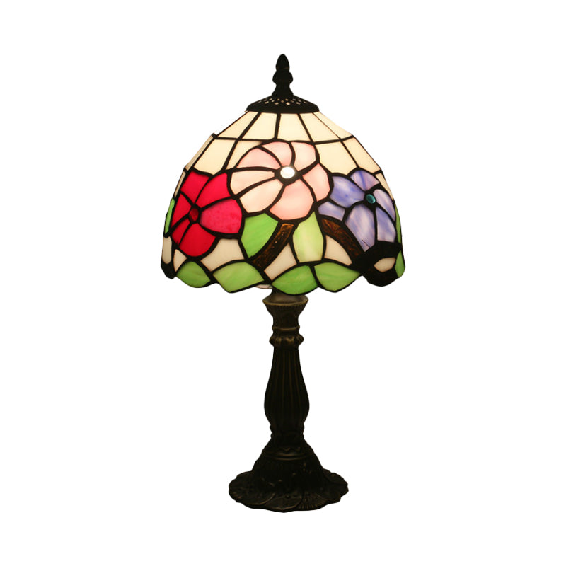 1 Light Bedside Night Table Light Tiffany Bronze Petal Patterned Nightstand Lighting with Dome Stained Glass Shade Clearhalo 'Lamps' 'Table Lamps' Lighting' 889839