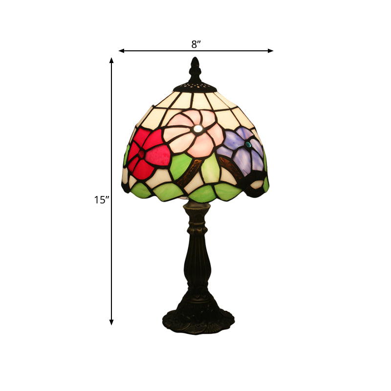 1 Light Bedside Night Table Light Tiffany Bronze Petal Patterned Nightstand Lighting with Dome Stained Glass Shade Clearhalo 'Lamps' 'Table Lamps' Lighting' 889841