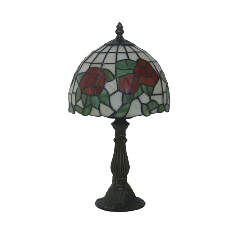 1-Light Nightstand Light Baroque Style Domed Stained Art Glass Bloom Patterned Night Lighting in Red/Pink for Bedroom Clearhalo 'Lamps' 'Table Lamps' Lighting' 889844