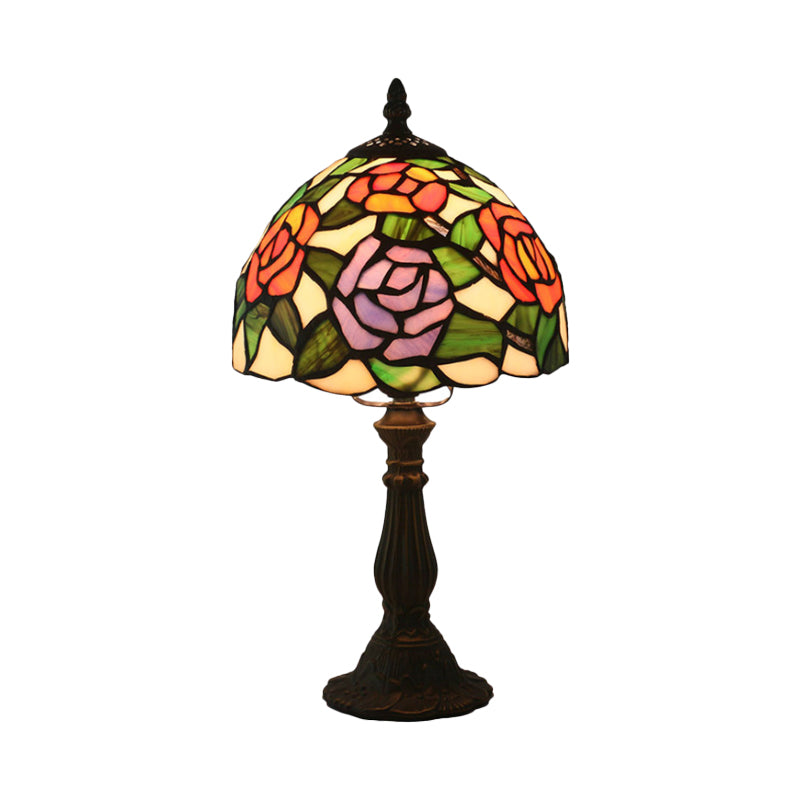 Pink/Purple and Pink Rose Night Lamp Victorian 1 Light Stained Art Glass Table Lighting with Dome Shade Clearhalo 'Lamps' 'Table Lamps' Lighting' 889860