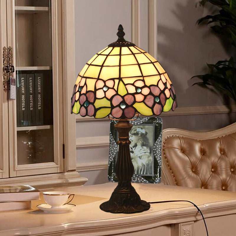 Tiffany Bowl Night Lighting 1 Head Hand Cut Glass Flower Patterned Table Light in Red/Yellow/Purple for Bedside Clearhalo 'Lamps' 'Table Lamps' Lighting' 889867