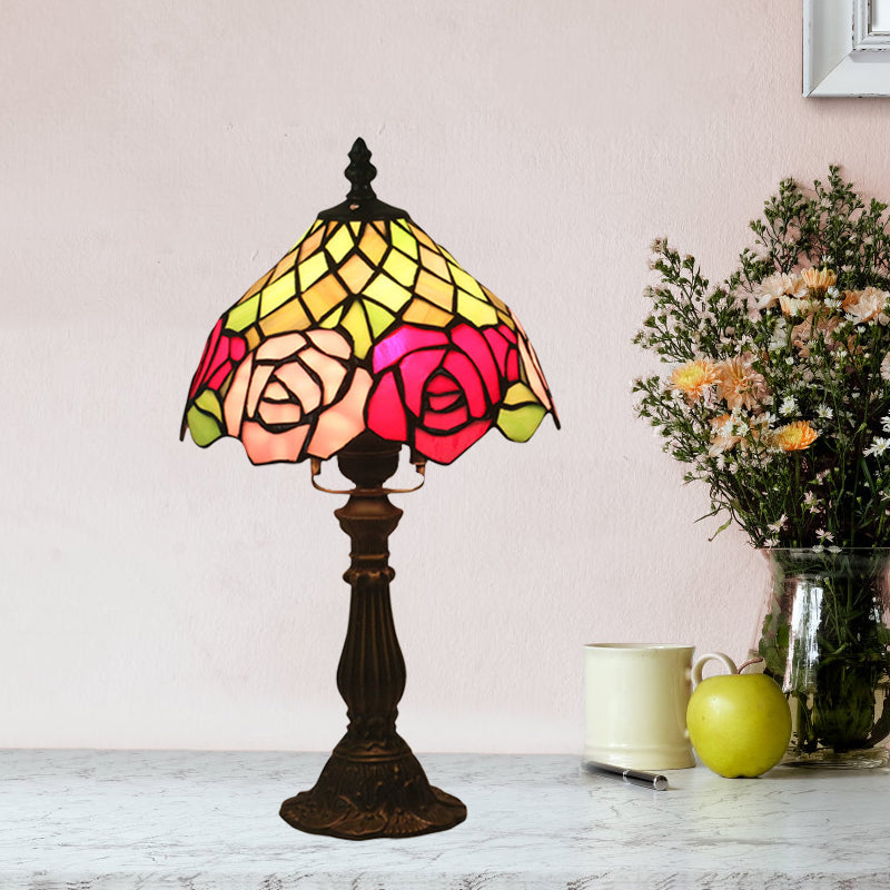 Dark Coffee 1 Bulb Table Lighting Mediterranean Stained Glass Bowl Night Light with Rose Pattern Dark Coffee Clearhalo 'Lamps' 'Table Lamps' Lighting' 889874