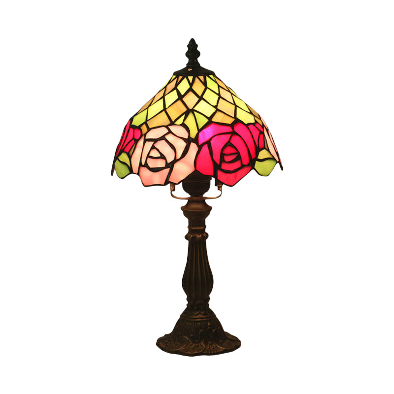 Dark Coffee 1 Bulb Table Lighting Mediterranean Stained Glass Bowl Night Light with Rose Pattern Clearhalo 'Lamps' 'Table Lamps' Lighting' 889875