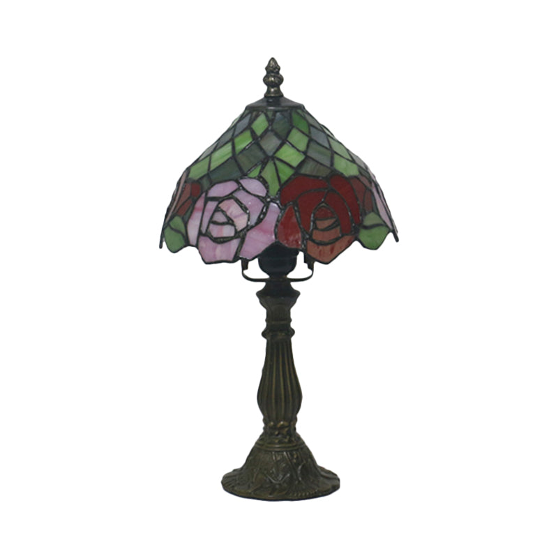 Dark Coffee 1 Bulb Table Lighting Mediterranean Stained Glass Bowl Night Light with Rose Pattern Clearhalo 'Lamps' 'Table Lamps' Lighting' 889876