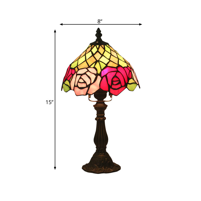 Dark Coffee 1 Bulb Table Lighting Mediterranean Stained Glass Bowl Night Light with Rose Pattern Clearhalo 'Lamps' 'Table Lamps' Lighting' 889877