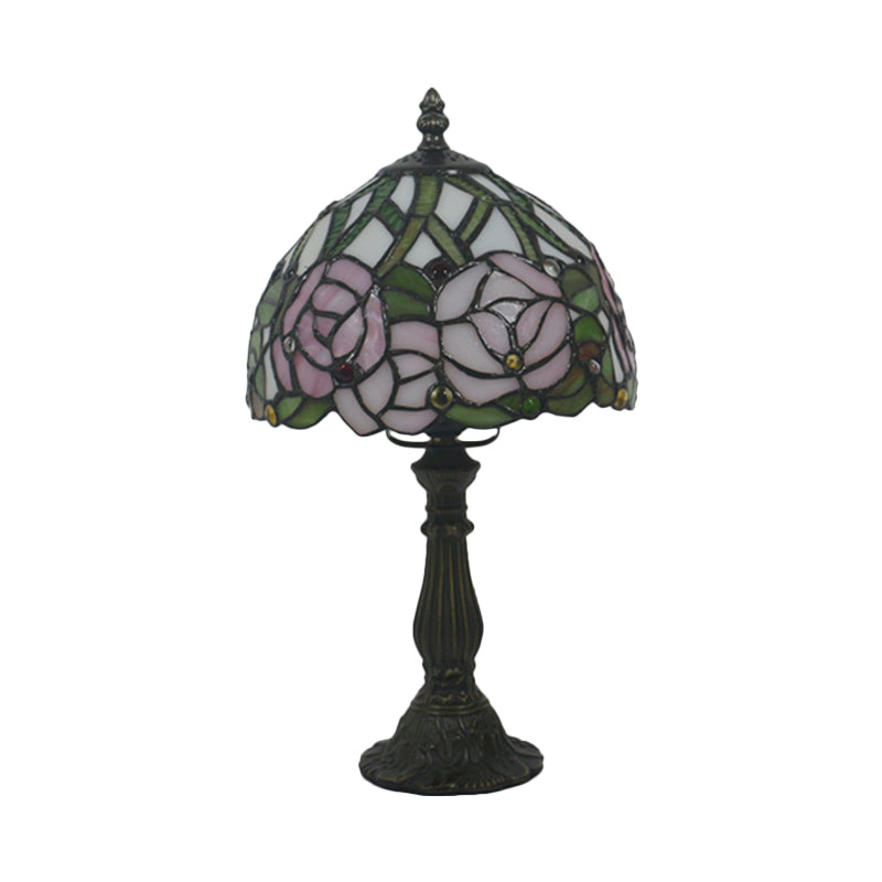 Victorian Dome Shade Night Lamp 1-Light Stained Art Glass Rose Patterned Desk Lighting in Red/Pink/Blue for Bedroom Clearhalo 'Lamps' 'Table Lamps' Lighting' 889880