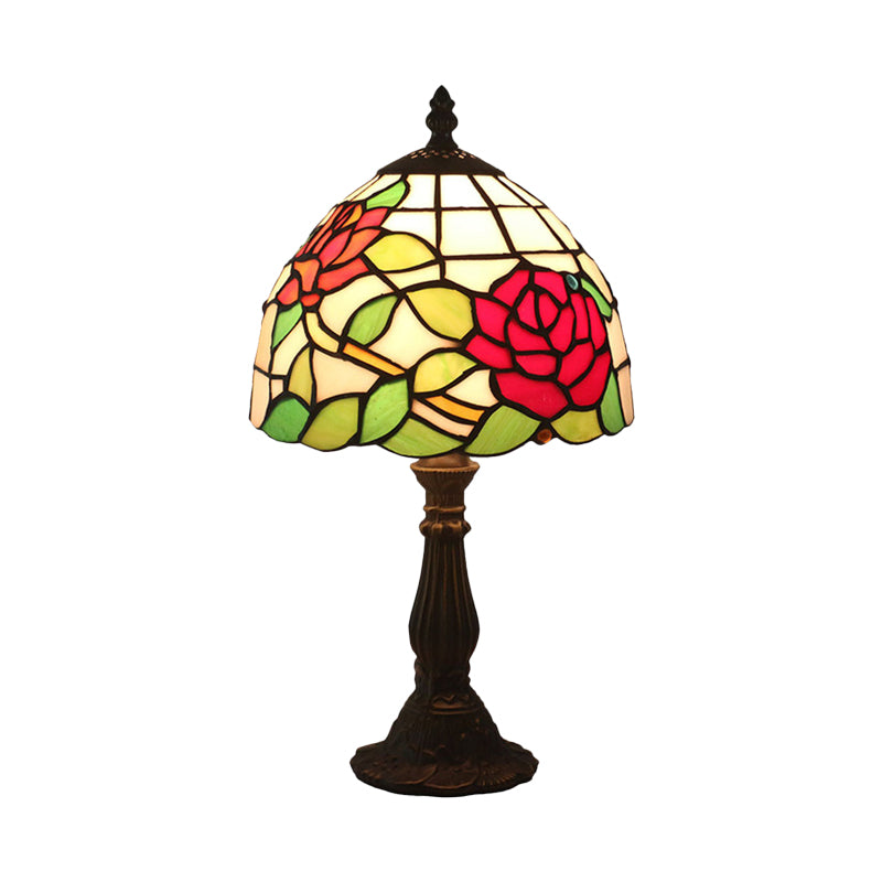 Victorian Dome Shade Night Lamp 1-Light Stained Art Glass Rose Patterned Desk Lighting in Red/Pink/Blue for Bedroom Clearhalo 'Lamps' 'Table Lamps' Lighting' 889888