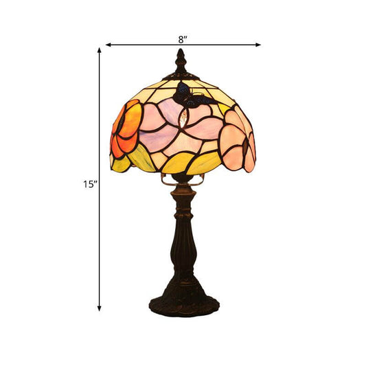 1 Bulb Bedroom Nightstand Light Mediterranean Bronze Petal Patterned Desk Lamp with Domed Hand Cut Glass Shade Clearhalo 'Lamps' 'Table Lamps' Lighting' 889925-sw