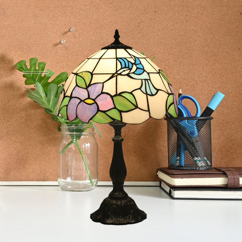 Bird and Flower Desk Light 1-Head Stained Glass Baroque Table Lamp in Bronze with Bowl Shade Bronze Clearhalo 'Lamps' 'Table Lamps' Lighting' 889926