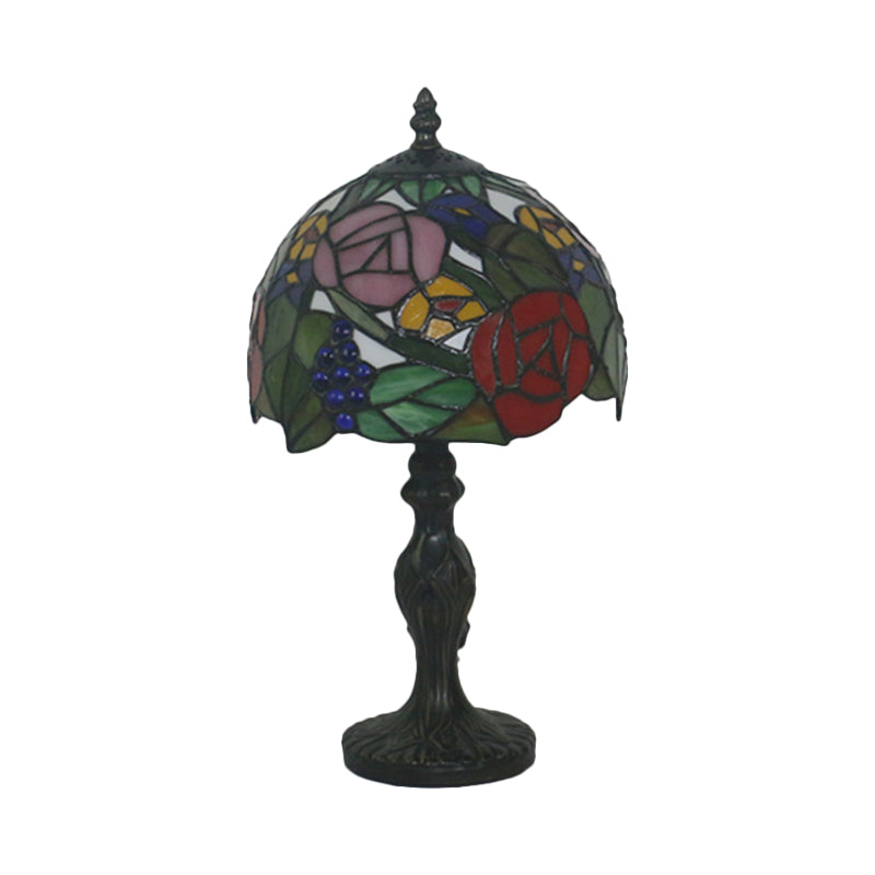 1-Light Domed Night Lighting Tiffany Style Bronze Stained Art Glass Rose Patterned Desk Light Clearhalo 'Lamps' 'Table Lamps' Lighting' 889960
