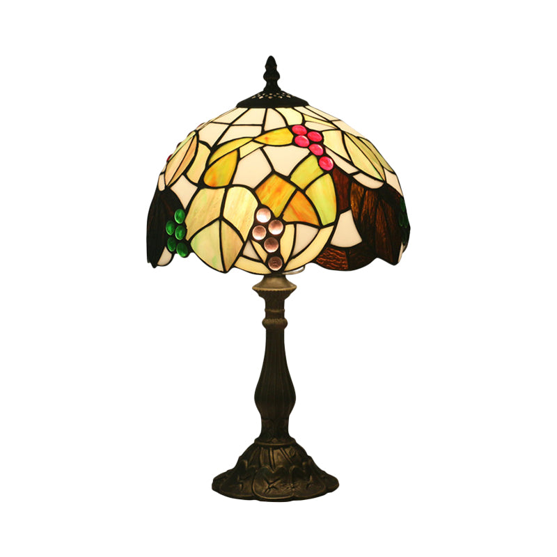 Bowl Shaped Stained Glass Desk Light Tiffany Style 1-Head Bronze Leaf and Fruit Patterned Night Table Lighting Clearhalo 'Lamps' 'Table Lamps' Lighting' 889975