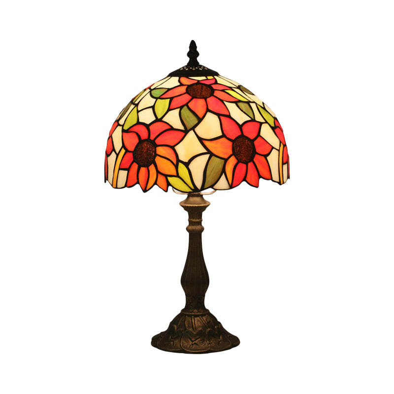 1-Head Bedside Nightstand Lighting Victorian Bronze Sunflower Patterned Night Light with Bowl Cut Glass Shade Clearhalo 'Lamps' 'Table Lamps' Lighting' 889979