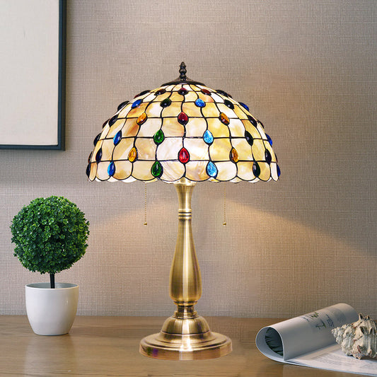 Jewel-Embedded Grid Table Light Tiffany Shell 2 Bulbs Gold Pull Chain Nightstand Lamp for Bedroom Gold Clearhalo 'Lamps' 'Table Lamps' Lighting' 890018