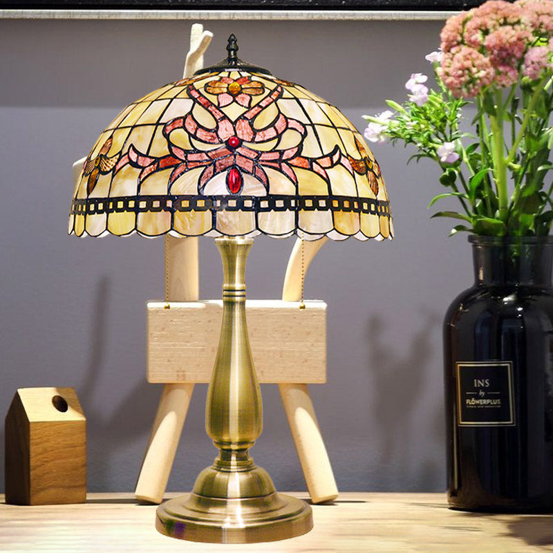 Grid-Trim Floral Table Light 2 Heads Shell Vintage Nightstand Lamp with  Pulling Chain in Brushed Gold for Bedside