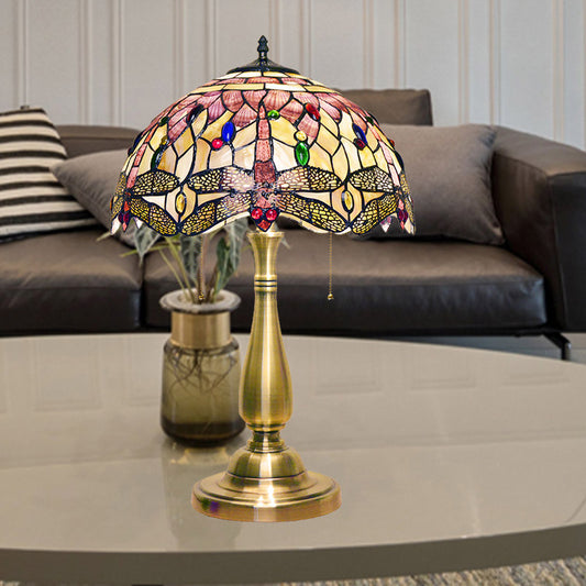 Scalloped Dome Shade Shell Night Lamp Tiffany 2 Heads Brushed Brass Table Lighting with Dragonfly Edge and Pull Chain Brushed Brass Clearhalo 'Lamps' 'Table Lamps' Lighting' 890058