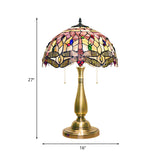 Scalloped Dome Shade Shell Night Lamp Tiffany 2 Heads Brushed Brass Table Lighting with Dragonfly Edge and Pull Chain Clearhalo 'Lamps' 'Table Lamps' Lighting' 890061