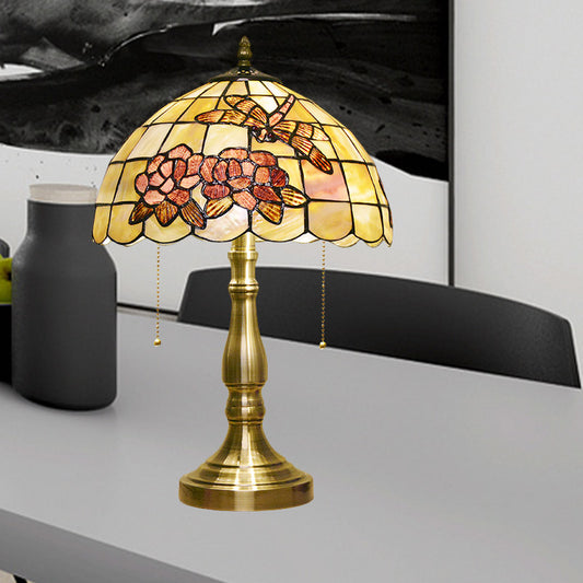 Brushed Brass 2-Bulb Nightstand Light Tiffany Shell Dragonfly on Peony Table Lamp with Pull Chain Brushed Brass Clearhalo 'Lamps' 'Table Lamps' Lighting' 890062