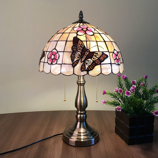 Shell Gridded Bowl Night Light Tiffany 2 Heads Brushed Brass Pull-Chain Table Lighting with Butterfly-Flower Pattern Brushed Brass Clearhalo 'Lamps' 'Table Lamps' Lighting' 890066