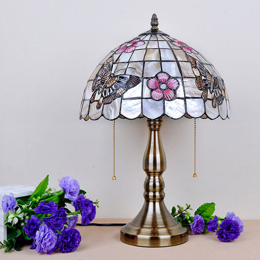 Shell Gridded Bowl Night Light Tiffany 2 Heads Brushed Brass Pull-Chain Table Lighting with Butterfly-Flower Pattern Clearhalo 'Lamps' 'Table Lamps' Lighting' 890067