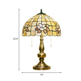 Lotus Blossom Gridded Table Light 2-Light Shell Victorian Style Night Stand Lamp with Pull Chain in Brushed Brass Clearhalo 'Lamps' 'Table Lamps' Lighting' 890073