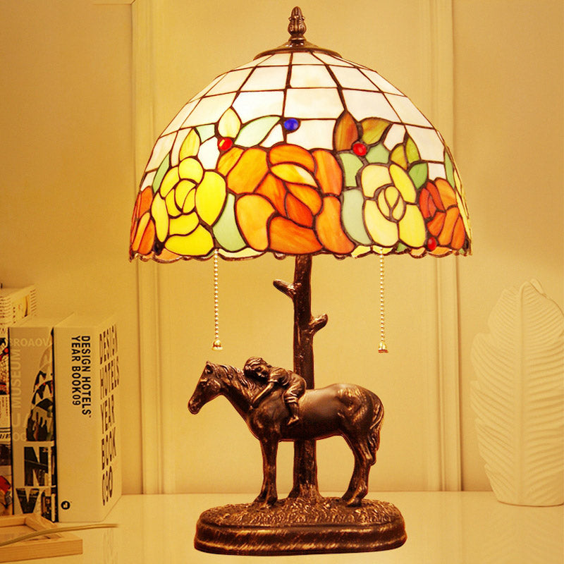 Resin Dark Brown Pull-Chain Night Lamp Kid Sleeping on Horseback 2-Bulb Tiffany Table Light with Roseborder Shell Shade Dark Brown Clearhalo 'Lamps' 'Table Lamps' Lighting' 890074