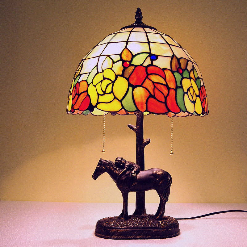 Resin Dark Brown Pull-Chain Night Lamp Kid Sleeping on Horseback 2-Bulb Tiffany Table Light with Roseborder Shell Shade Clearhalo 'Lamps' 'Table Lamps' Lighting' 890075
