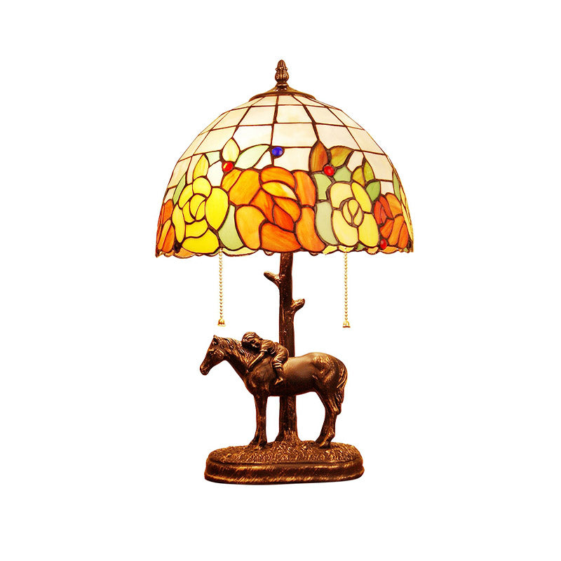 Resin Dark Brown Pull-Chain Night Lamp Kid Sleeping on Horseback 2-Bulb Tiffany Table Light with Roseborder Shell Shade Clearhalo 'Lamps' 'Table Lamps' Lighting' 890076