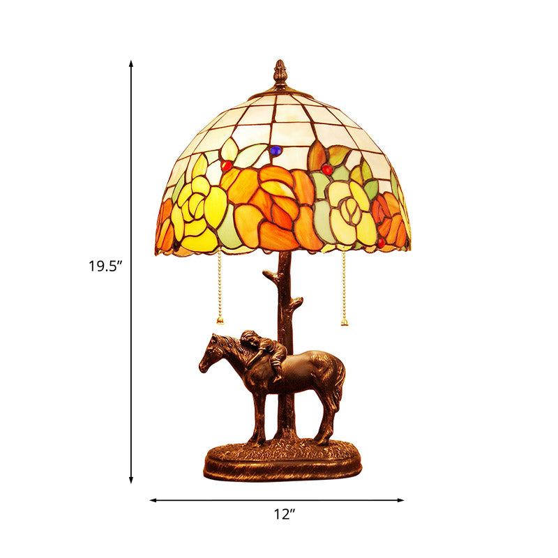 Resin Dark Brown Pull-Chain Night Lamp Kid Sleeping on Horseback 2-Bulb Tiffany Table Light with Roseborder Shell Shade Clearhalo 'Lamps' 'Table Lamps' Lighting' 890077
