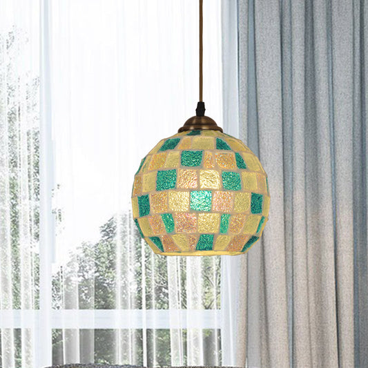 Tiffany Checkered Globe Pendant Lamp Single Green and White Glass Hanging Light Fixture Green Clearhalo 'Ceiling Lights' 'Close To Ceiling Lights' 'Industrial' 'Middle Century Pendants' 'Pendant Lights' 'Pendants' 'Tiffany close to ceiling' 'Tiffany Pendants' 'Tiffany' Lighting' 890118