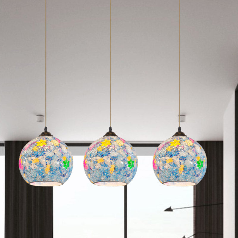 Tiffany Glass Light Blue Multi Pendant Leaf-Pattern Globe 3-Bulb Baroque Ceiling Suspension Lamp Light Blue Clearhalo 'Ceiling Lights' 'Industrial' 'Middle Century Pendants' 'Pendant Lights' 'Pendants' 'Tiffany close to ceiling' 'Tiffany Pendants' 'Tiffany' Lighting' 890170