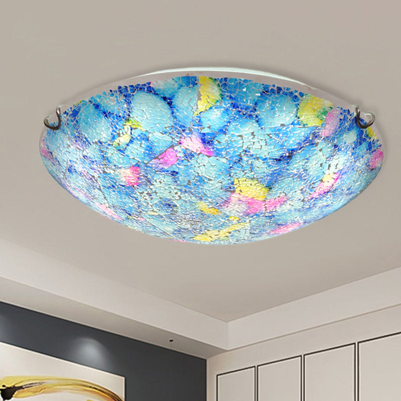 2/3-Light Wide Bowl Flush Mount Tiffany Blue Stained Glass Ceiling Light for Bedroom, 12"/16" Wide Blue Clearhalo 'Ceiling Lights' 'Close To Ceiling Lights' 'Close to ceiling' 'Flush mount' Lighting' 890199