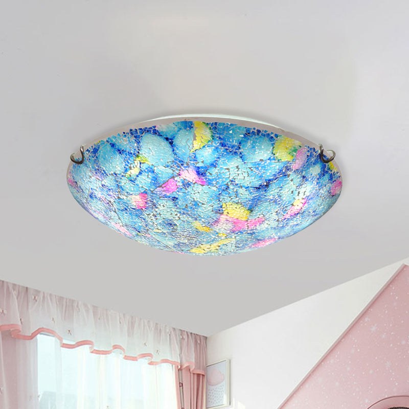 2/3-Light Wide Bowl Flush Mount Tiffany Blue Stained Glass Ceiling Light for Bedroom, 12"/16" Wide Clearhalo 'Ceiling Lights' 'Close To Ceiling Lights' 'Close to ceiling' 'Flush mount' Lighting' 890200