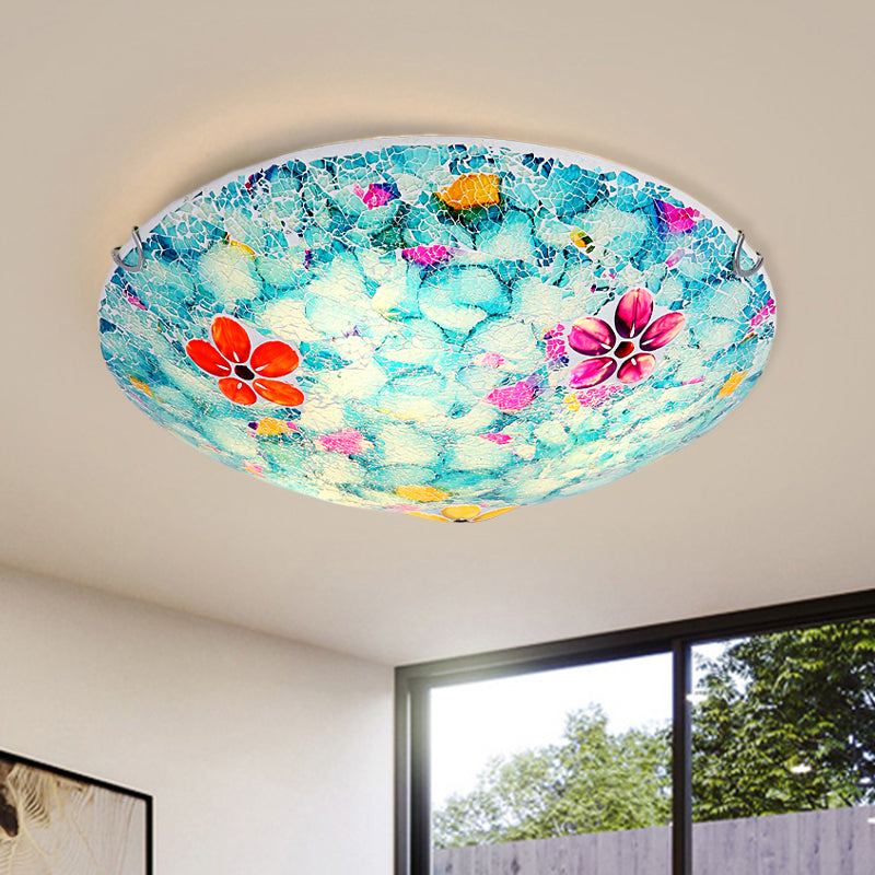 Tiffany Flower Bowl Flush Light Fixture 16"/19.5" Wide 3/4 Lights Hand-Cut Blue Glass Close to Ceiling Lamp Blue Clearhalo 'Ceiling Lights' 'Close To Ceiling Lights' 'Close to ceiling' 'Flush mount' Lighting' 890229