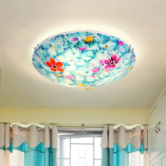 Tiffany Flower Bowl Flush Light Fixture 16"/19.5" Wide 3/4 Lights Hand-Cut Blue Glass Close to Ceiling Lamp Clearhalo 'Ceiling Lights' 'Close To Ceiling Lights' 'Close to ceiling' 'Flush mount' Lighting' 890230