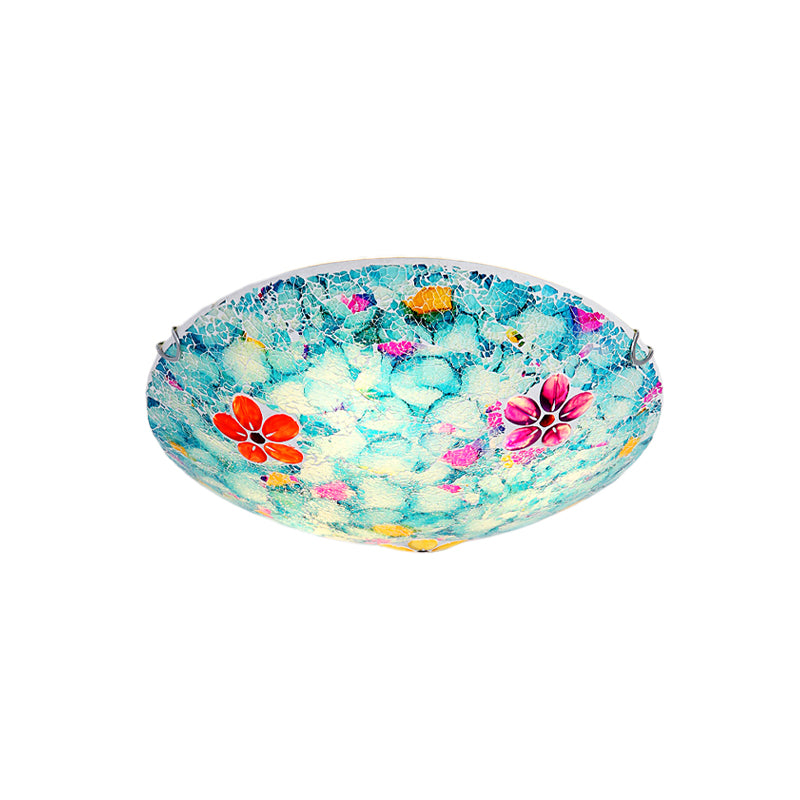 Tiffany Flower Bowl Flush Light Fixture 16"/19.5" Wide 3/4 Lights Hand-Cut Blue Glass Close to Ceiling Lamp Clearhalo 'Ceiling Lights' 'Close To Ceiling Lights' 'Close to ceiling' 'Flush mount' Lighting' 890231