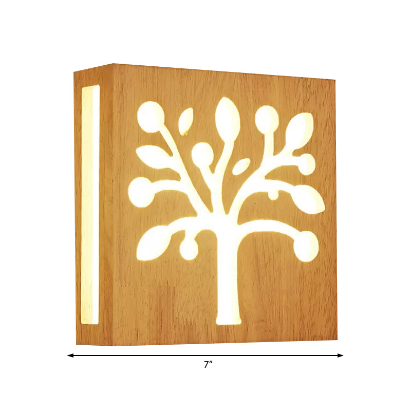 Beige Square Sconce Light with Tree Kids Wood Wall Light with Warm Lighting for Child Bedroom Clearhalo 'Wall Lamps & Sconces' 'Wall Lights' Lighting' 89114