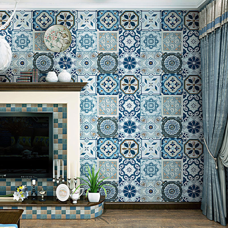 Non-Pasted Wallpaper with Blue and Grey Tile of Bohemian Style, 20.5-inch x 33-foot Blue Clearhalo 'Wall Decor' 'Wallpaper' 892798