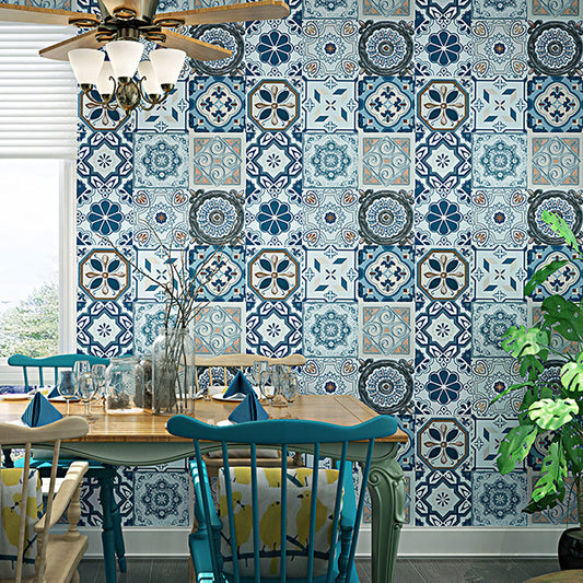 Non-Pasted Wallpaper with Blue and Grey Tile of Bohemian Style, 20.5-inch x 33-foot Clearhalo 'Wall Decor' 'Wallpaper' 892799