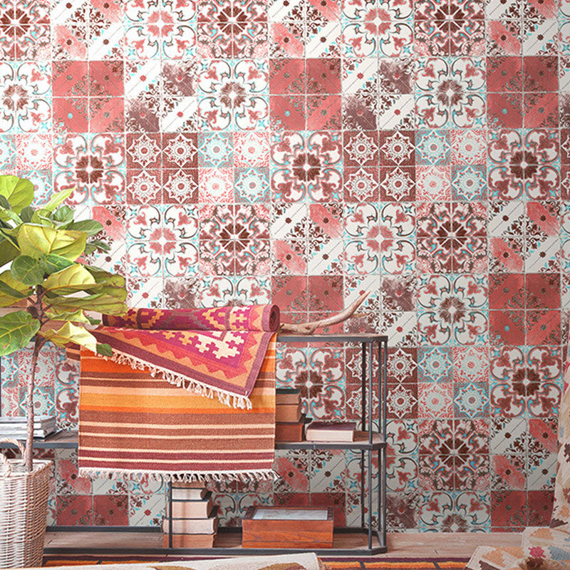 Ethnic Boho Tile Self-Adhesive Wallpaper in Fresh Color Waterproofing Rust Red Clearhalo 'Wall Decor' 'Wallpaper' 892821