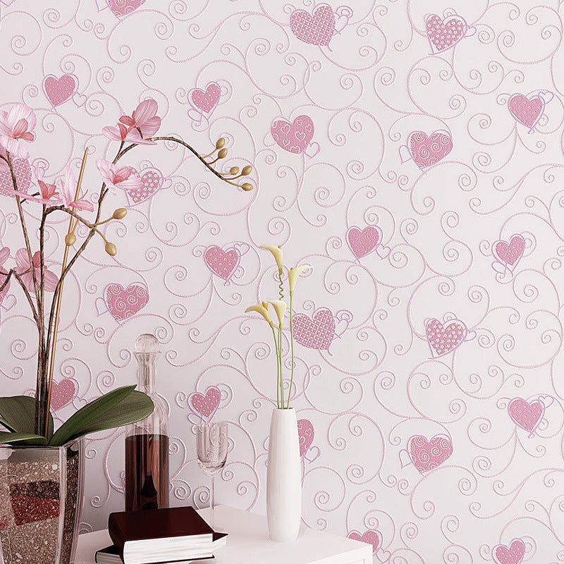 Embossed Heart Wallpaper for Children Non-Woven 20.5 in x 10 ft Romantic Contemporary Non-Pasted Wall Decor Pink Clearhalo 'Wall Decor' 'Wallpaper' 893134