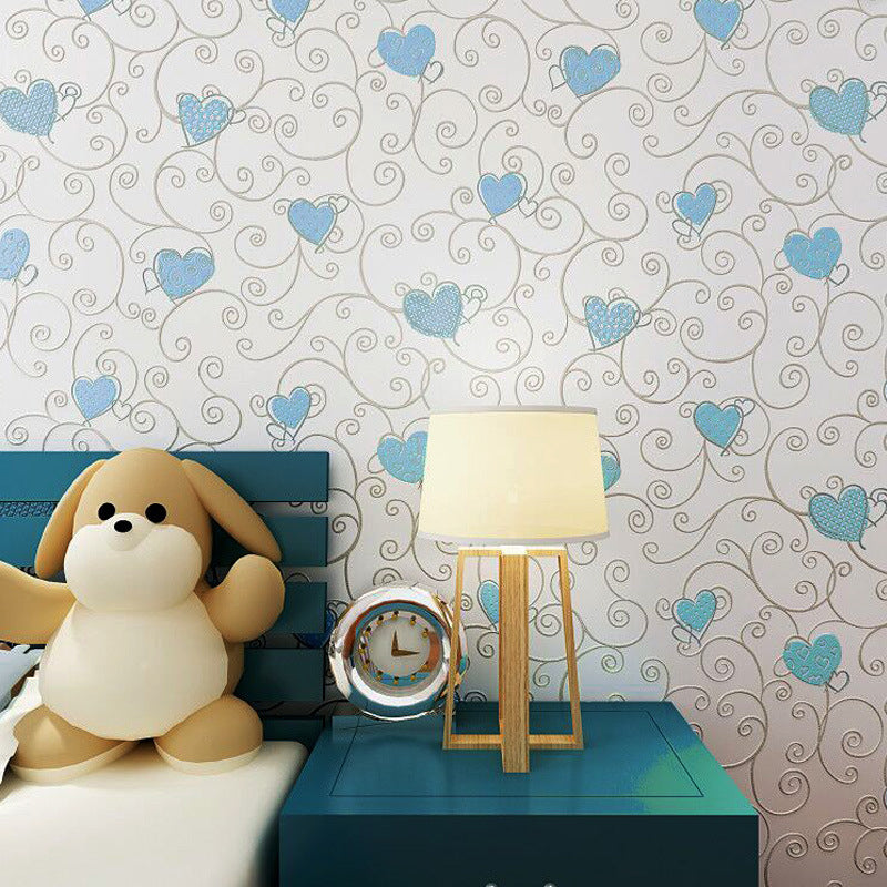 Embossed Heart Wallpaper for Children Non-Woven 20.5 in x 10 ft Romantic Contemporary Non-Pasted Wall Decor Blue Clearhalo 'Wall Decor' 'Wallpaper' 893139